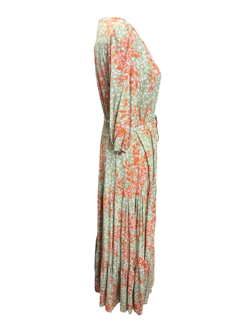 Abel The Label Floral Maxi Dress Medium Green Boho Tiered Rayon V Neck - Picture 4 of 12